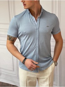 Resim Phimoda Erkek Mavi Slimfit Merserize Pamuk Kısa Kollu Gömlek 
