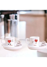 Resim Sevgililere Özel İsimli İkili Türk Kahvesi Fincanı Kalpli Tasarımlı Çift Kahve Fincanı Seti Bej - Beyaz 