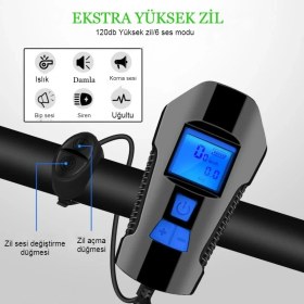 Resim Bisiklet LCD Hız Göstergesi Su Geçirmez Şarjlı LED Işık Km Ekran Kronometre Bisiklet Kornası Feneri 