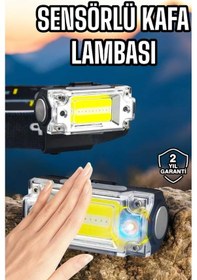 Resim Beyaz Led Işık Sensörlü Kafa Lambası Lityum Batarya Led El Fenerli Şarjlı Siyah 