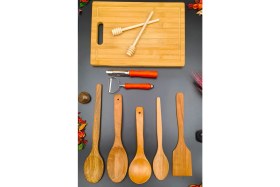 Resim El Işçiliği Doğal Ahşap Mutfak Seti, 10 Parça, Şık ve Kullanışlı 