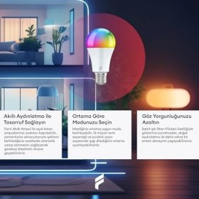 Resim Akıllı LED Ampul, 9W-TITREŞIMSIZ, 16.7 Milyon Renk, Sesli Kontrol, 806&APOS;LÜMEN, Doğal Sarı ve Beyaz Renk, Ambiyans, Destekli, 2 Yıl Garantili 