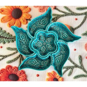 Resim Mugusa Hediyelik El Yapımı Çini Seramik Kabartma Desenli Rüzgargülü Turkuaz / Yeşil Çerezlik - Kahvaltılık 