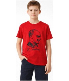 Resim Barlashive Erkek Çocuk Atatürk Baskılı Tişört Kısa Kollu Bisiklet Yaka T-shirt - Kırmızı Çok Renkli 