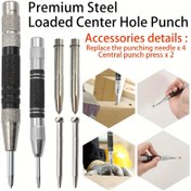 Resim 6 Parça Ağır Hizmet Otomatik Merkez Zımba Seti | 130mm Yüksek Hız Çeliği Tungsten Karbür Uçlu | Metal/Ahşap/Cam/Plastik İçin Uygun | Ayarlanabilir Yaylı Darbe Tasarımı | Hassas Delme Konumlandırma Aracı | Endüstriyel Kalite Alüminyum Alaşımlı Sap | DIY ve Profesyonel Kullanım İçin 