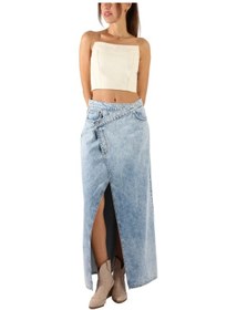 Resim Denim Yırtmaçlı Mavi Renk Midi Boy Etek Mavi 