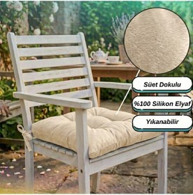 Resim 4 Adet - 40x40 Cm Lüks Süet Dokulu Bej Sandalye Minderi - %100 Silikon Elyaf Dolgulu Yıkanabilir Minder 
