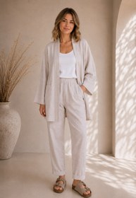 Resim Luna Taş Keten Kimono Pantolon Takım - Kimono / S 