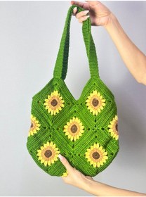 Resim El Örgüsü Astarlı Ay Çiçeği Kadın Çanta 32x32 Cm Renkli 