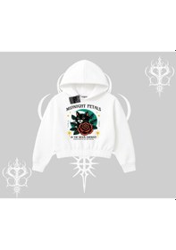 Resim Midnight Petals Kedi Baskılı Kapşonlu Crop Sweatshirt Beyaz 