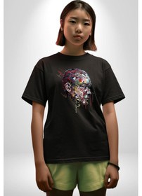 Resim İnsan Kafası Sulu Boya Pamuklu Bisiklet Yaka Unisex Oversize Boyfriend Dijital Baskılı Siyah T-shirt Siyah 