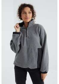 Resim Tommy Life Gri Melanj Yarım Fermuar Etek Ucu Büzgülü Dik Yaka Oversize Kadın Polar Sweatshirt - 97236 Gri Melanj 
