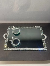 Resim Dekoratif Kristal Cam Ayna Dikdörtgen Sunum Tepsisi Gümüş 