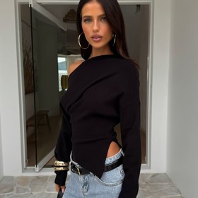 Resim Kadınlar İçin Şık Asimetrik Tek Omuz Yırtmaçlı Tunik Üst - Asimetrik Etek ve Beli Daraltan Smok Elbise Tarzı Bluz, Yarı Şeffaf Katmanlı Gömlek, İlkbahar/Sonbahar/Yaz İçin, Makinede Yıkanabilir (Hayır) - Gündelikten Şık Giyime 