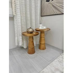 Resim Ahşap 2'li Set Mantar Yan Sehpa Modern Meşe Renk Fiskos Zigon Çiçeklik 