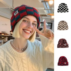 Resim 1 adet Kadın Ekose Bere Şapka - Ayarlanabilir Kesimli Esnek Kışlık Şapka, Hafif Sıcak Beanie, Noel, Şükran Günü, Cadılar Bayramı için - Kırmızı/Kahverengi - Günlük ve Tatil Kombinleri - Sadece Elde Yıkanır, Festival Başlığı, Kareli Desen, Rahat Kesim 
