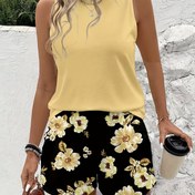 Resim Kadınlar İçin Şık Kolsuz Düz Renk Üst ve Çiçek Desenli Kısa Şort, Rahat İki Parçalı Pijama Takımı, Kadın Uyku Giysisi ve Ev Kıyafeti 