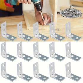 Resim 100 Adet Metal L-Şekilli Açılı Kancalar - Sağ Açılı Destek Köşe Takviyeleri Vidalar ile Mobilya Raf Dolap Masa Sandalye Onarım ve Takviyesi 
