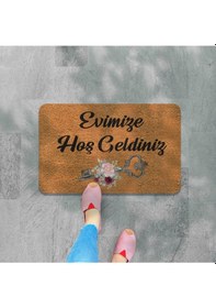 Resim Dijital Baskılı Hoş Geldiniz Yazılı Çiçek Desenli Kapı Önü Paspası İç Ve Dış İçin Yıkanabilir Kaymaz Bej - Siyah 