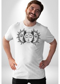 Resim Ay Ve Güneş Retro Unisex Unisex Beyaz Organik Baskılı T-shirt Penye Yüksek Kalite Beyaz 