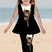 Resim Kızlar için 2'li Kedi Grafikli Kolsuz Yuvarlak Yaka T-shirt + Pantolon Takımı, Rahat ve Trend Yazlık Dış Mekan Kıyafeti, Hediye Olarak 