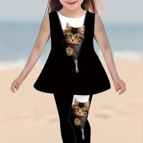Resim Kızlar için 2'li Kedi Grafikli Kolsuz Yuvarlak Yaka T-shirt + Pantolon Takımı, Rahat ve Trend Yazlık Dış Mekan Kıyafeti, Hediye Olarak 