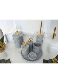 Resim Gri Mermer Klasik Model 7 Parça Gold Renk Mercan Aksesuarlı Banyo Seti Gri 