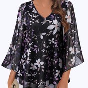 Resim Kadınlar için Çiçek Desenli V-Yaka Bluz, 3/4 Fırfır Kollu ve Çift Katmanlı File Örtü - Gevşek Kesim Akışkan Tunik Üst, Yarı Şeffaf Hafif Polyester-Spandeks Karışımı İlkbahar/Yaz Günlük ve Resmi Dış Giyim İçin, Bayan Bluzları 