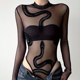 Resim Kadınların Seksi Yılan Desenli File Bodysuit - Uzun Kollu Yuvarlak Yaka Bodycon Üst, İlkbahar/Yaz için Şeffaf Esnek İç Çamaşırı, Edgy Moda Dilek Parçası, Yaz Modası, Şık Fit Kumaş, İlkbahar Kıyafeti, Esnek Malzeme, Şık Kadınlar 