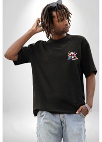 Resim Renkli Yavru Panda Siyah Oversize Unisex Ön Sol Yan Minimal Baskılı Tişört Koyu Siyah 