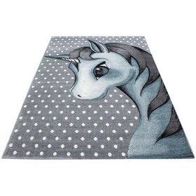 Resim Soft Yumuşak Çocuk Odası Halısı Sevimli Unicorn Peri Atı Desenli Gri Mavi Beyaz Mavi 