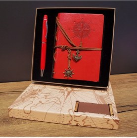 Resim Kırmızı Pusula Tasarım Deri Defter Ve Touchpen Kalem Seti Çok Renkli 