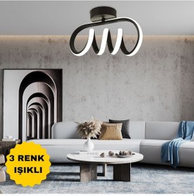 Resim Burgu Siyah Tavana Sıfır 3 Renk Işıklı Led Avize Siyah 