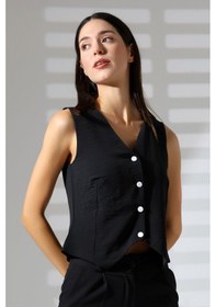 Resim Mois Atelier Siyah Aerobin Beyaz Düğme Çıt Çıt Kapama V Yaka Yelek Tasarım Hediye Büyük Beden Siyah 