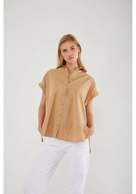 Resim Mixray 3967 Kadın Apoletli Kısa Kol Oversize Gömlek Vizon 