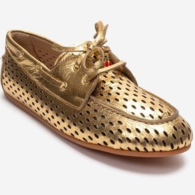 Resim Luvishoes Stevo Altın Hakiki Deri Delikli Bağcıklı Kadın Loafer Ayakkabı 