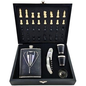 Resim Deri Kaplamalı Çelik Matara Ve Çakı Hediye Seti 4 Shot Bardak Özel Ahşap Kutusunda Satranç Takımı Siyah 