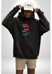 Resim Kırmızı Japon Balığı Kadın Erkek Siyah Kapüşonlu Sweatshirt Hoodie Siyah 