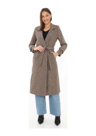 Resim Kadın Astarlı Balık Sırtı Kaşmir Kaşe Kaban - Vizon Siyah 