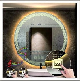 Resim Dnr-Mirror55 Cm Günışığı Ledli Tasarım Kumlamalı Dokunmatik Bluetoothlu Buğu Önleyicili Makyaj Banyo Aynası 