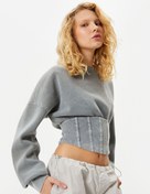 Resim Şardonlu Crop Sweatshirt Korse Görünümlü Soluk Efektli Dar Kalıp Uzun Kollu Bisiklet Yaka 