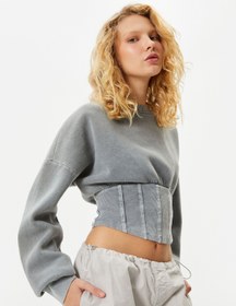 Resim Şardonlu Crop Sweatshirt Korse Görünümlü Soluk Efektli Dar Kalıp Uzun Kollu Bisiklet Yaka 