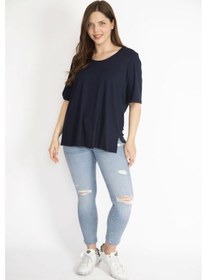 Resim Kadın Lacivert Büyük Beden Önü İki Katlı Kısa Kollu Likralı Bluz-oranj Oranj 