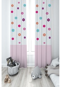 Resim Mekta Home Bebek Ve Çocuk Odası Seksek Ve Renkli Çiçek Desenli 2 Kanat Fon Perde 