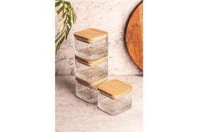 Resim 4’lü Kare Ahşap Kapaklı Cam Kahvaltılık ve Çerezlik, 230 Ml, Şık ve Çok Amaçlı Kullanım 