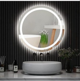 Resim Nuun Dekor 60cm Beyaz Ledli Kumlamalı Yuvarlak Banyo Aynası Dekoratif Duvar Aynası Prizli. Beyaz - Gümüş 