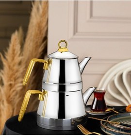 Resim Özlife Mercan Aile Boyu Gold Çaydanlık Takımı - Paslanmaz Çelik Çaydanlık Gold 