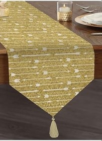 Resim RealHomes Gold Zeminde Ok Çizimli Dijital Baskılı Özel Tasarım Püsküllü Şönil Üçgen Runner 