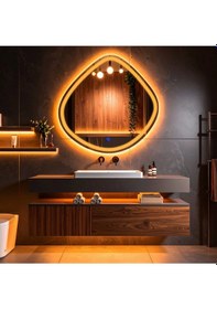 Resim Arelu Amber Led'li Lazer Kumlamalı Lavabo & Banyo Aynası Dokunmatik Sensörlü 60 X 60 Turuncu 