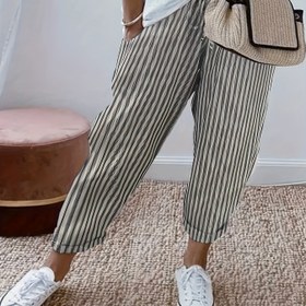 Resim Moda Çizgili Rahat Kesim Elastik Bel Bağcıklı Cep Detaylı Ayak Bileği Pantolon 